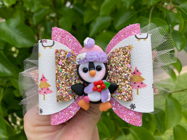 Christmas penguin hair bow