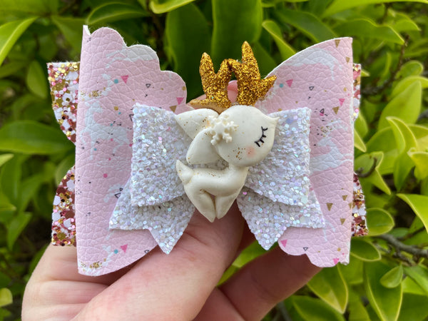 Christmas reindeer white & pink Hair Bow