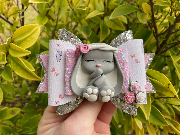 Sweetest Bunny pink & silver hair bow